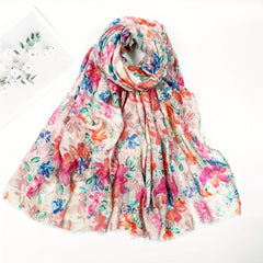 Pink Flower Printed Scarf Boho Frayed Edge Warm Shawl Women Casual