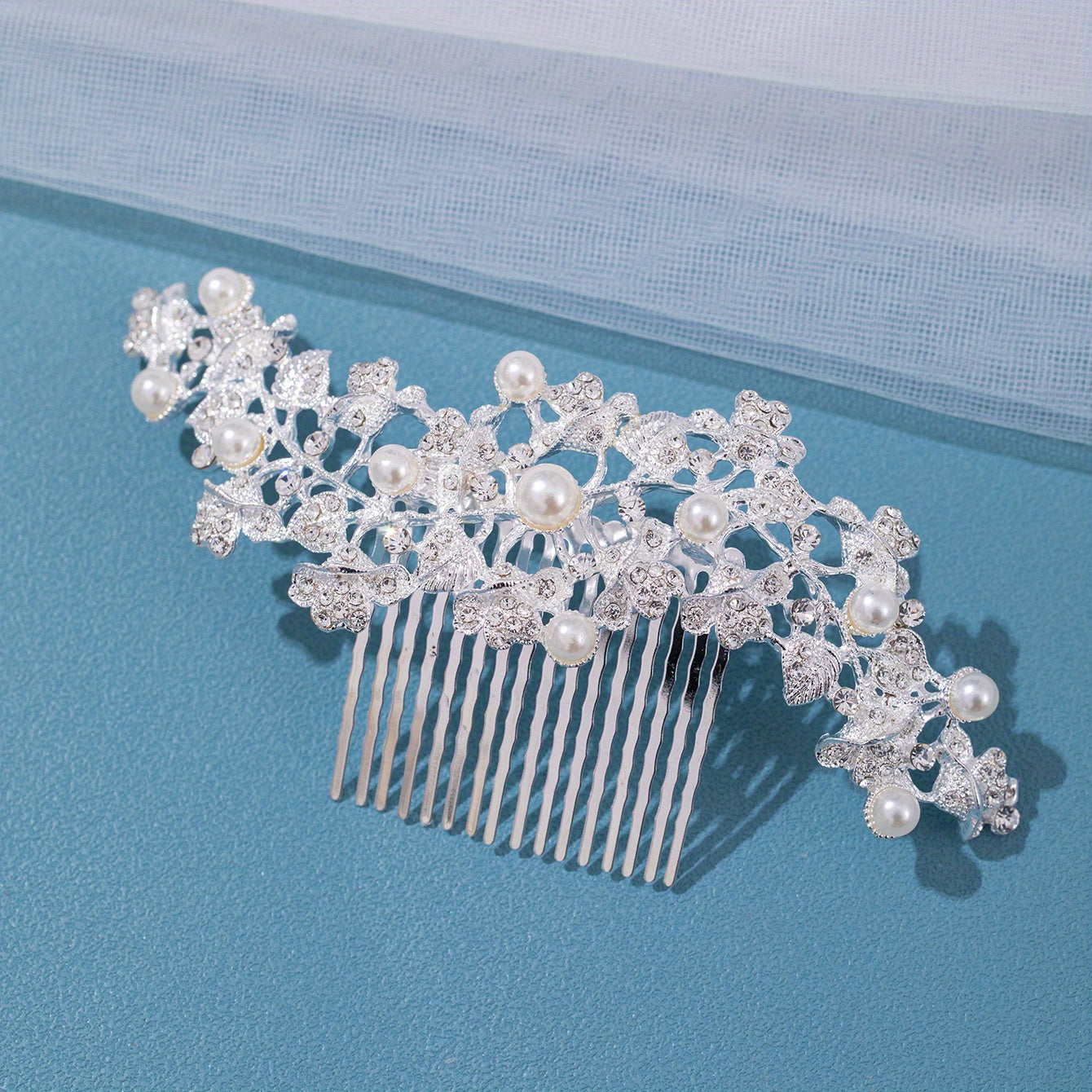 Girls Faux Pearl Rhinestone Hair Comb Princess Silver Flower Hairpin