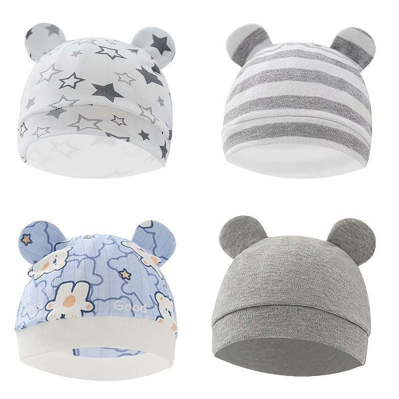 4pcs Baby Hat Cartoon Prints Soft Cotton for 0-6 Months Boy & Girl