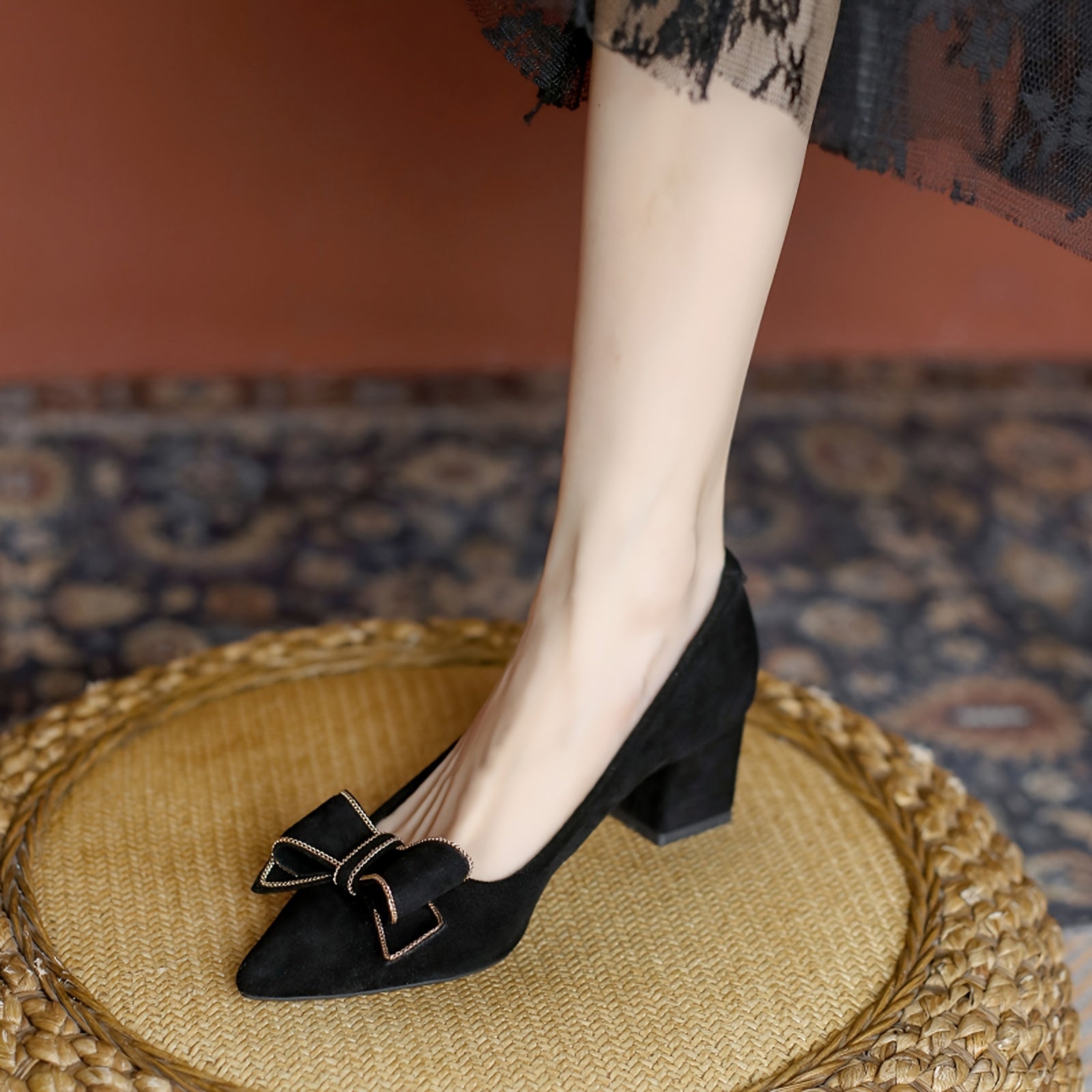 Pointed Toe Bowknot Slip On High Heels Soft Sole Chunky Heel Pumps