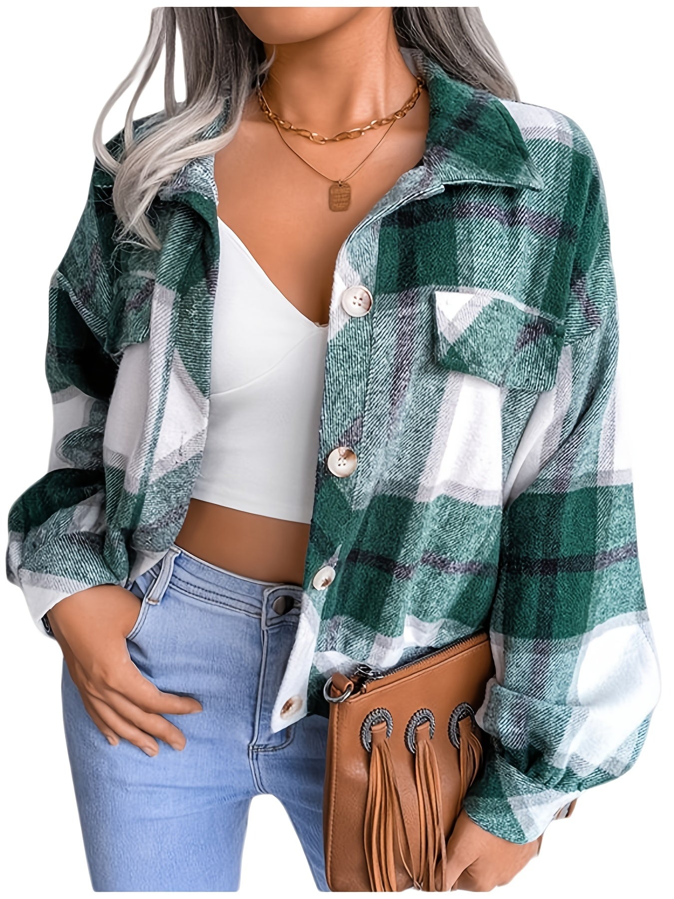Plaid Print Button Front Jacket Casual Long Sleeve Versatile Outerwear