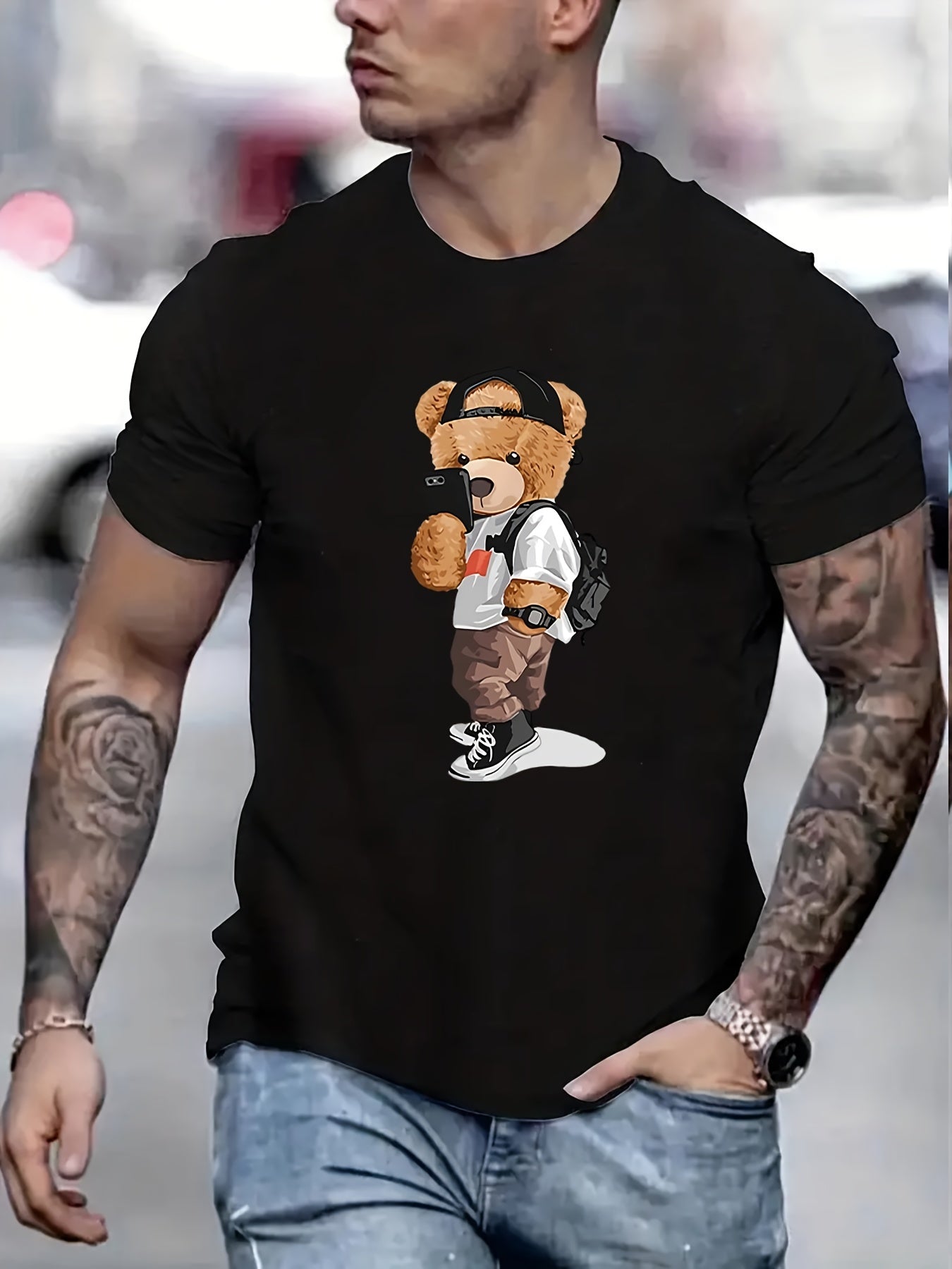 Cartoon Teddy Bear Print Men's Graphic Crew Neck T shirt
