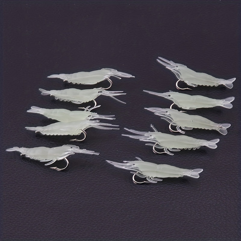10pcs Luminous Shrimp Soft Bait w/Hooks for Carp Fishing Silicone Glow in Dark