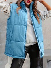 Solid Zip Up Sleeveless Jacket Casual Stand Collar Outerwear