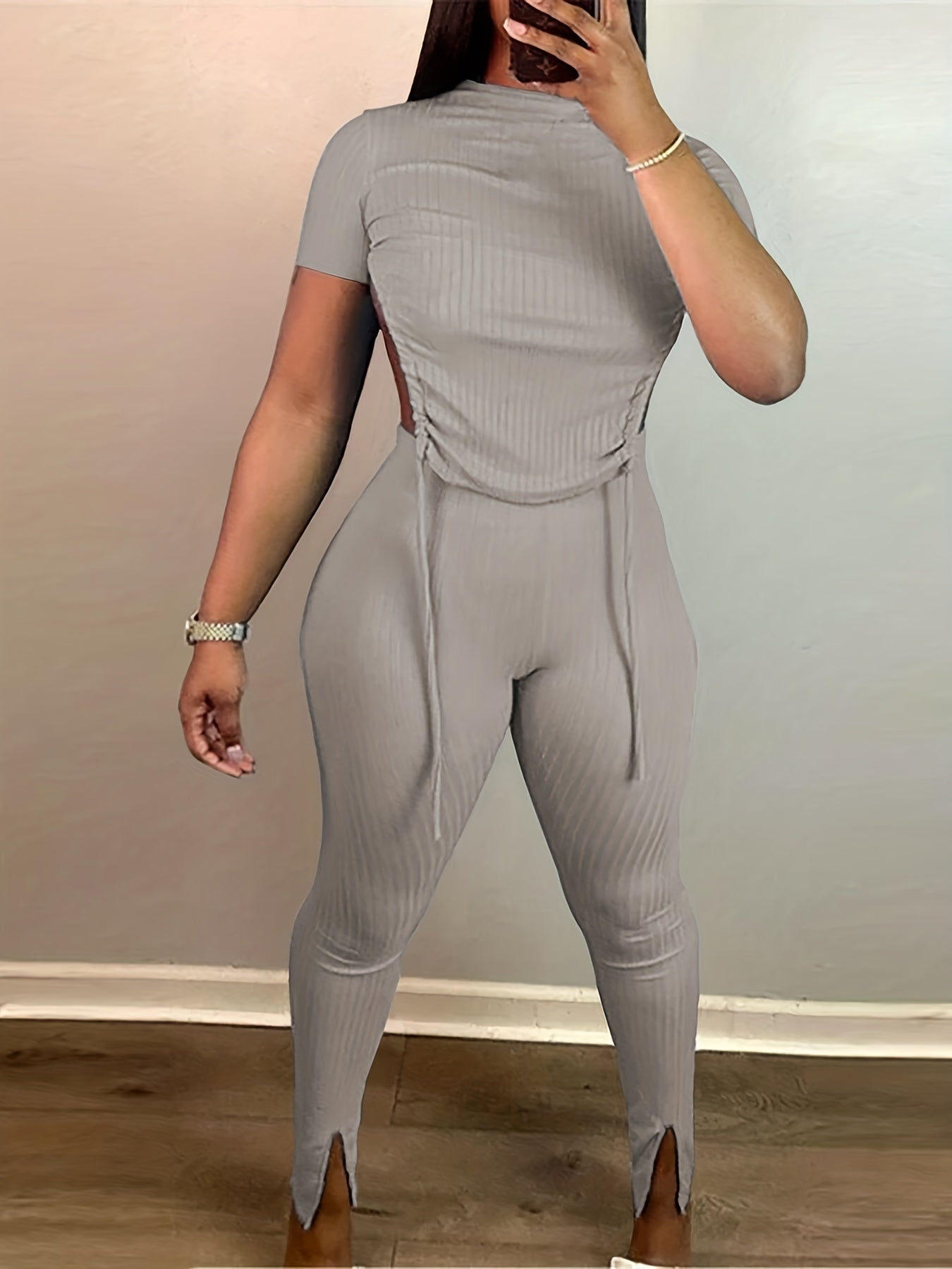 Solid Sexy 2pc Set Backless Drawstring Tops & Split Slim Pants Outfits
