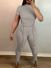 Solid Sexy 2pc Set Backless Drawstring Tops & Split Slim Pants Outfits
