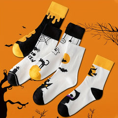 5 Pairs Skull & Bat Print Socks Halloween Crew Socks Women's Stockings