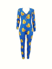 Duck Print Lounge Romper Long Sleeve V Neck Buttons Romper Women's Loungewear