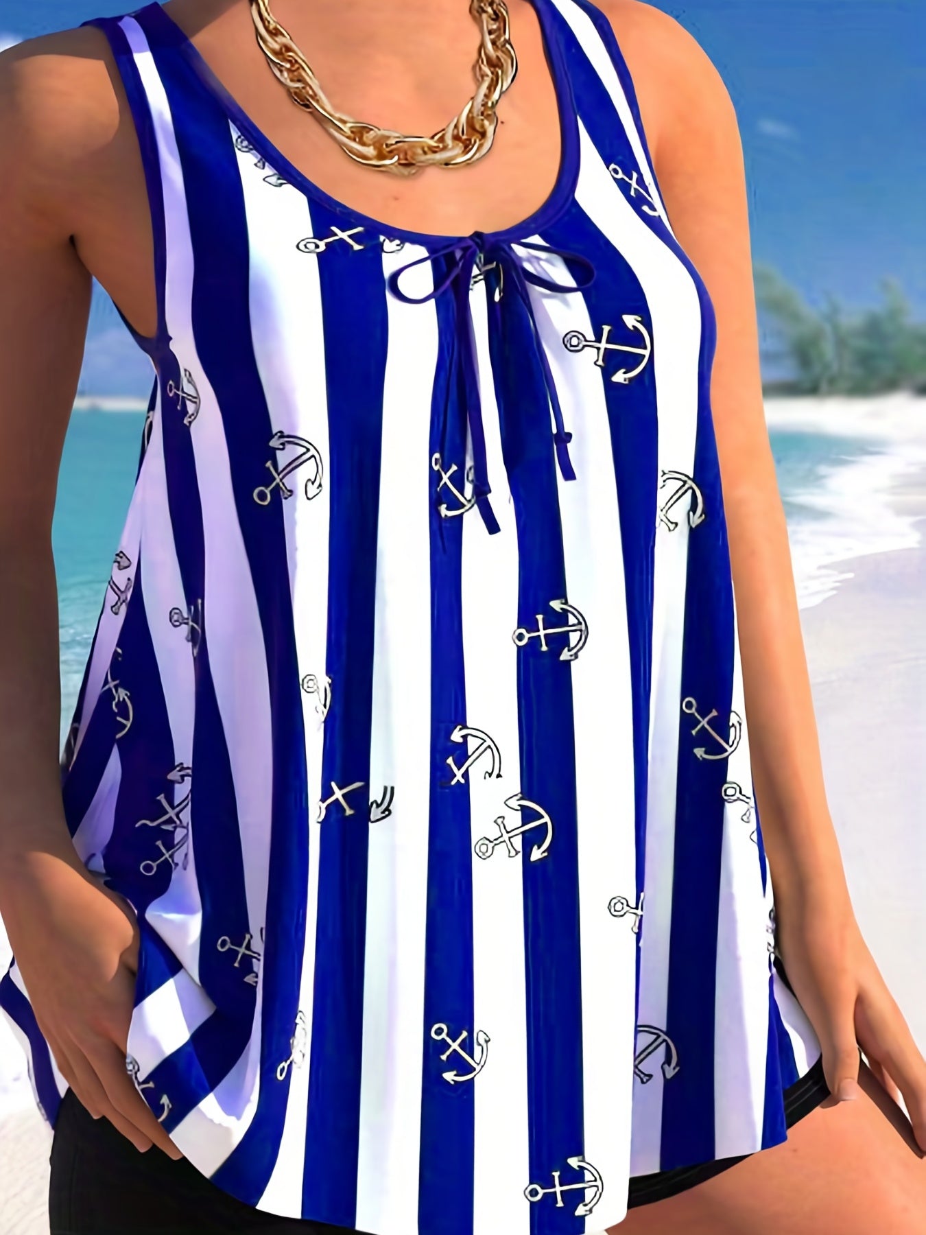 Striped Print Casual Tankini Sets Round Neck Boxer Short Bottom Swimsuit