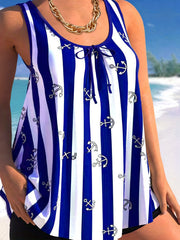 Striped Print Casual Tankini Sets Round Neck Boxer Short Bottom Swimsuit