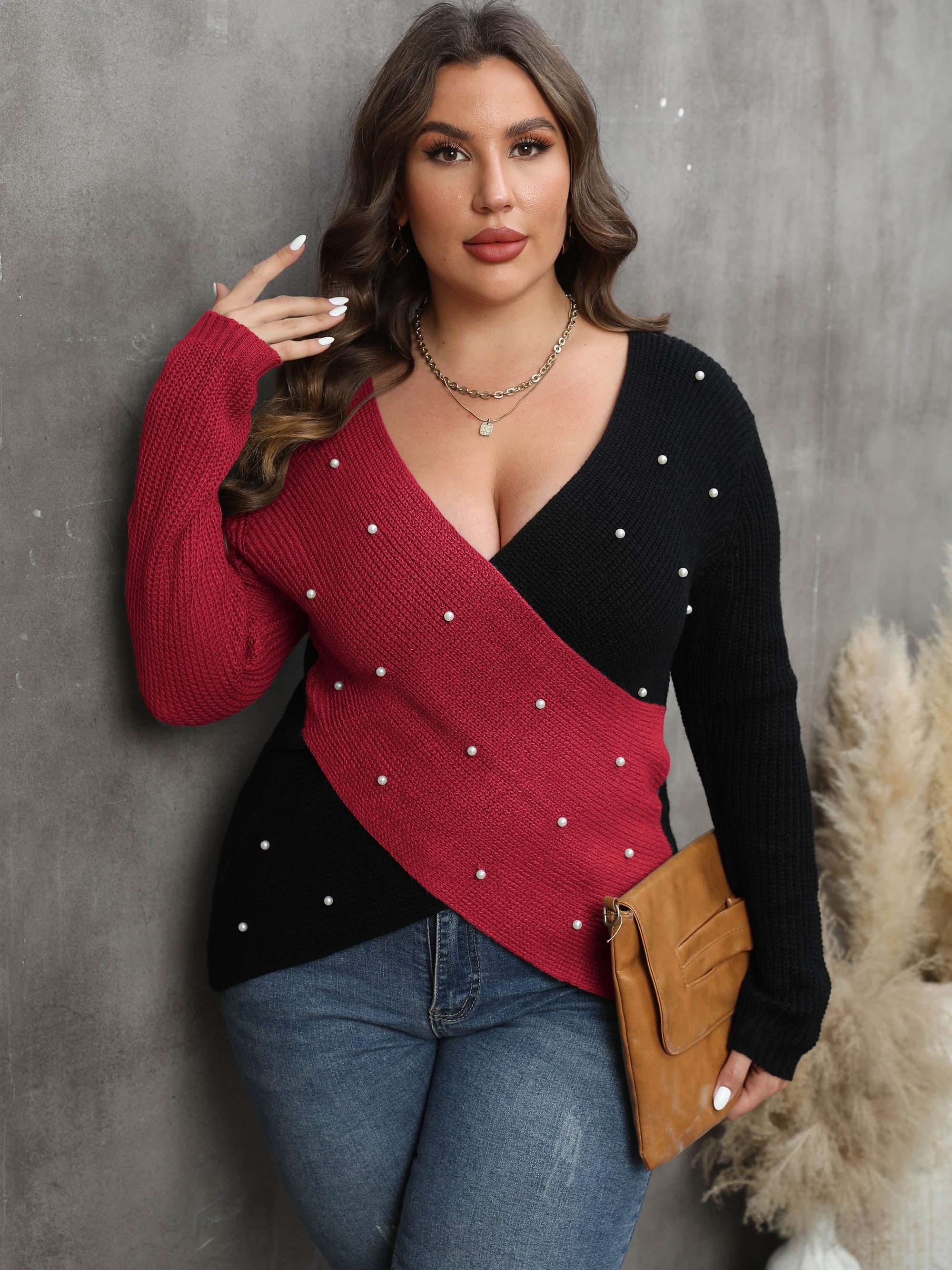 Colorblock Faux Pearl Decor Sweater