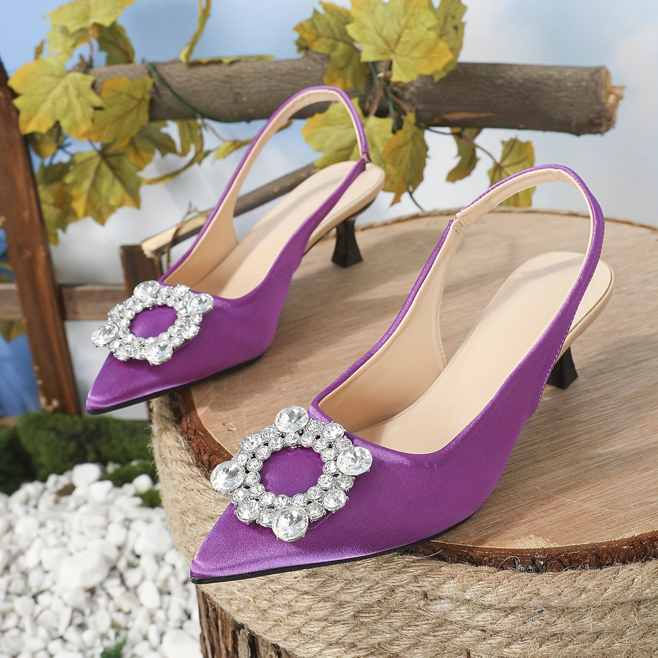 Rhinestone Kitten Heels Purple Slingback Party Pumps