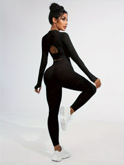 2pcs Slim Fit Yoga Sports Set Solid Long Sleeve Crop Tops & High Waist