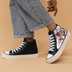 Women's Flower Graphic High Top Canvas Sneakers for Lightweight Flatform Comfort