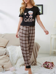 Coffee Print Pajamas Set Short Sleeve Tee Top And Pants Pj Set