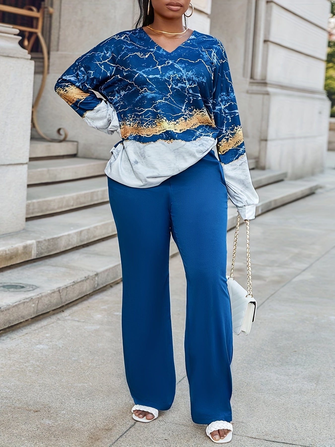 Women's Plus Marble Print Top & Pants Outfits Set