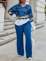 Women's Plus Marble Print Top & Pants Outfits Set