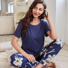 Floral Print Pajamas Set Short Sleeve Top & Pants Women's Sleepwear