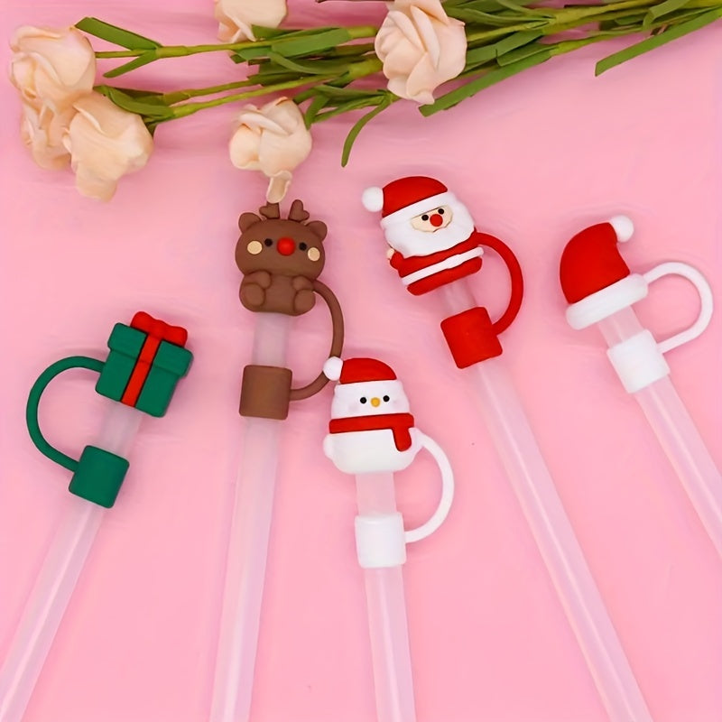 5pcs Christmas Cartoon Straw Covers, Reusable Dustproof Stoppers