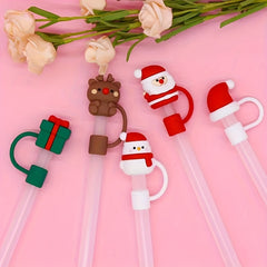 5pcs Christmas Cartoon Straw Covers, Reusable Dustproof Stoppers