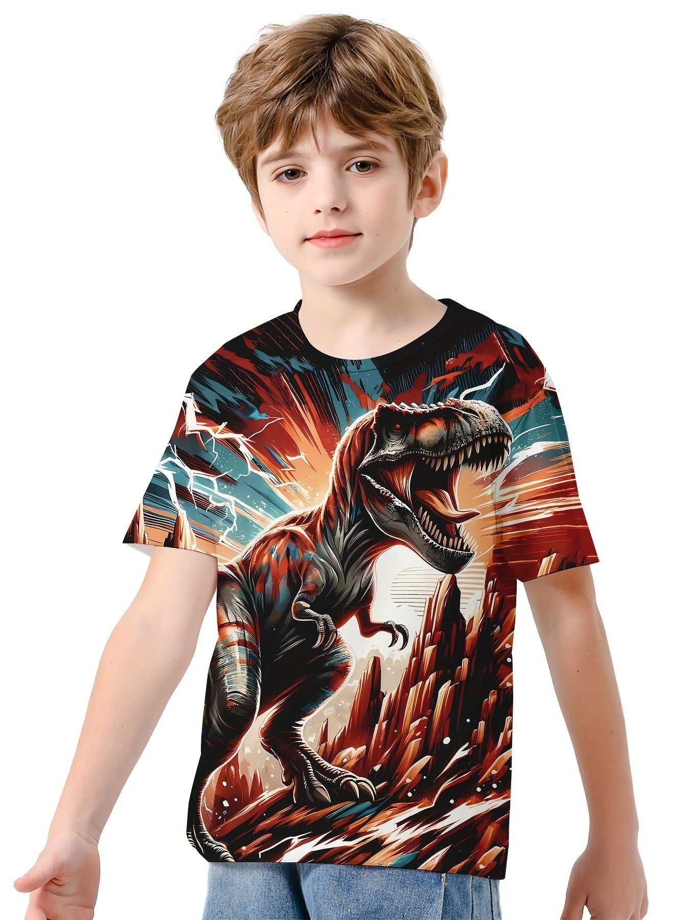 Dinosaur Print Boy's Casual Short Sleeve Tee