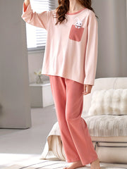 Bunny Print Lounge Set Long Sleeve Top & Pants Women's Pajamas