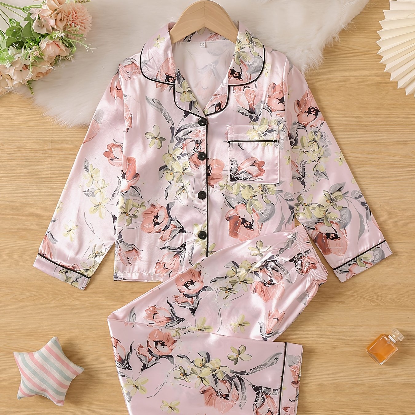 Kids Flower Pattern Satin Lounge Wear Top & Pants Set