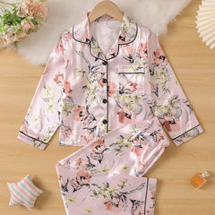 Kids Flower Pattern Satin Lounge Wear Top & Pants Set