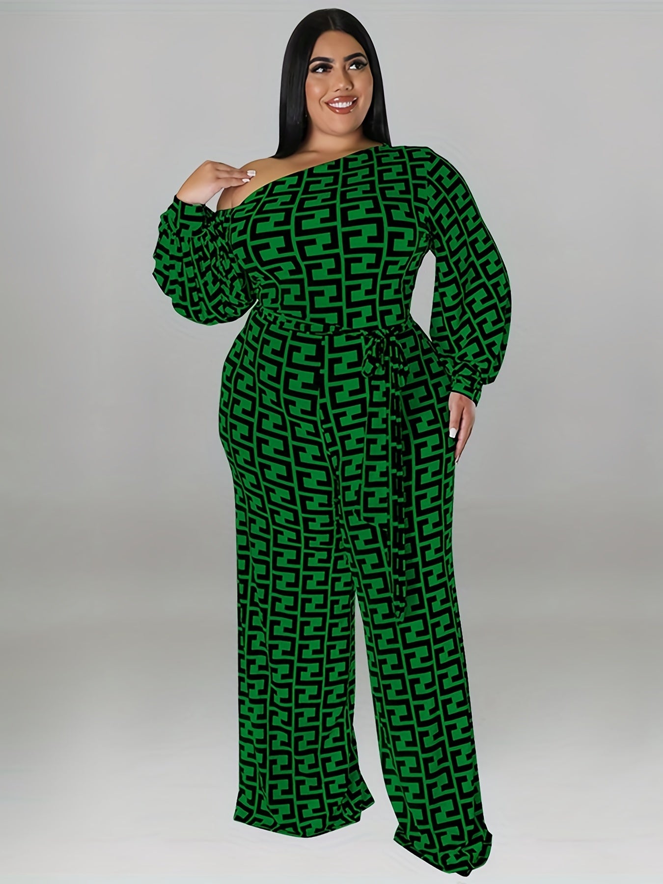 Geometric Print One Shoulder Jumpsuit With Belt
