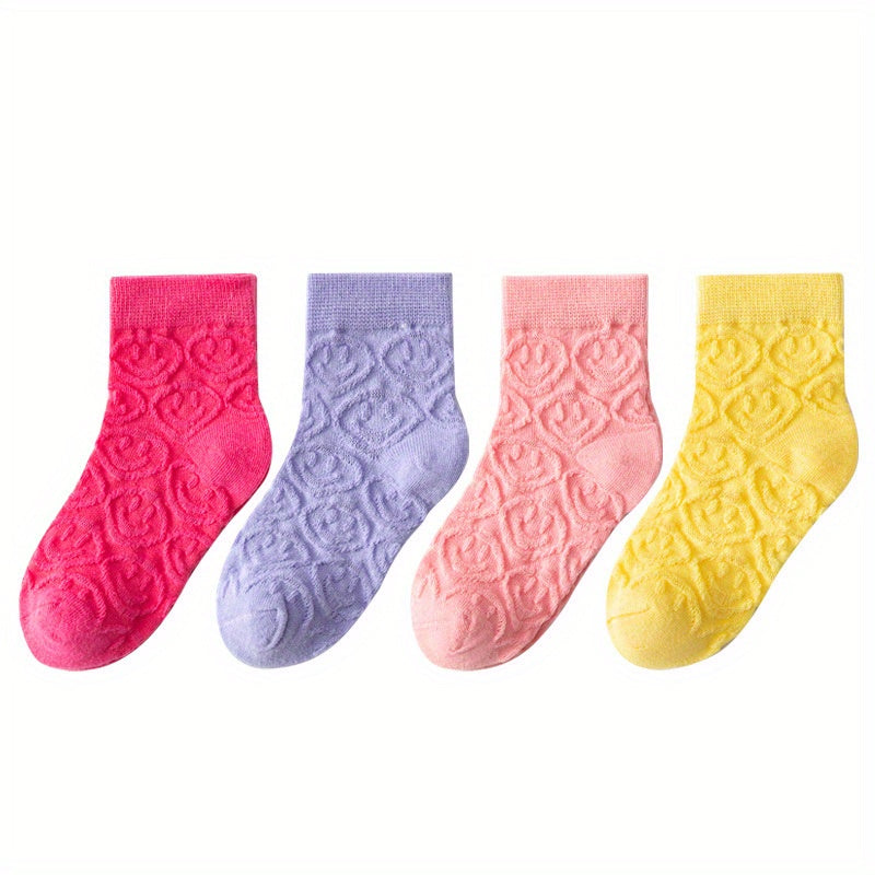 4 Pairs Girls Kids Candy Colored Smile Face Socks Breathable Comfy Crew Socks