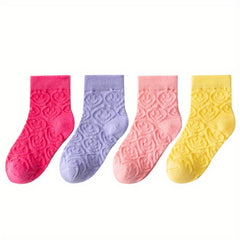 4 Pairs Girls Kids Candy Colored Smile Face Socks Breathable Comfy Crew Socks