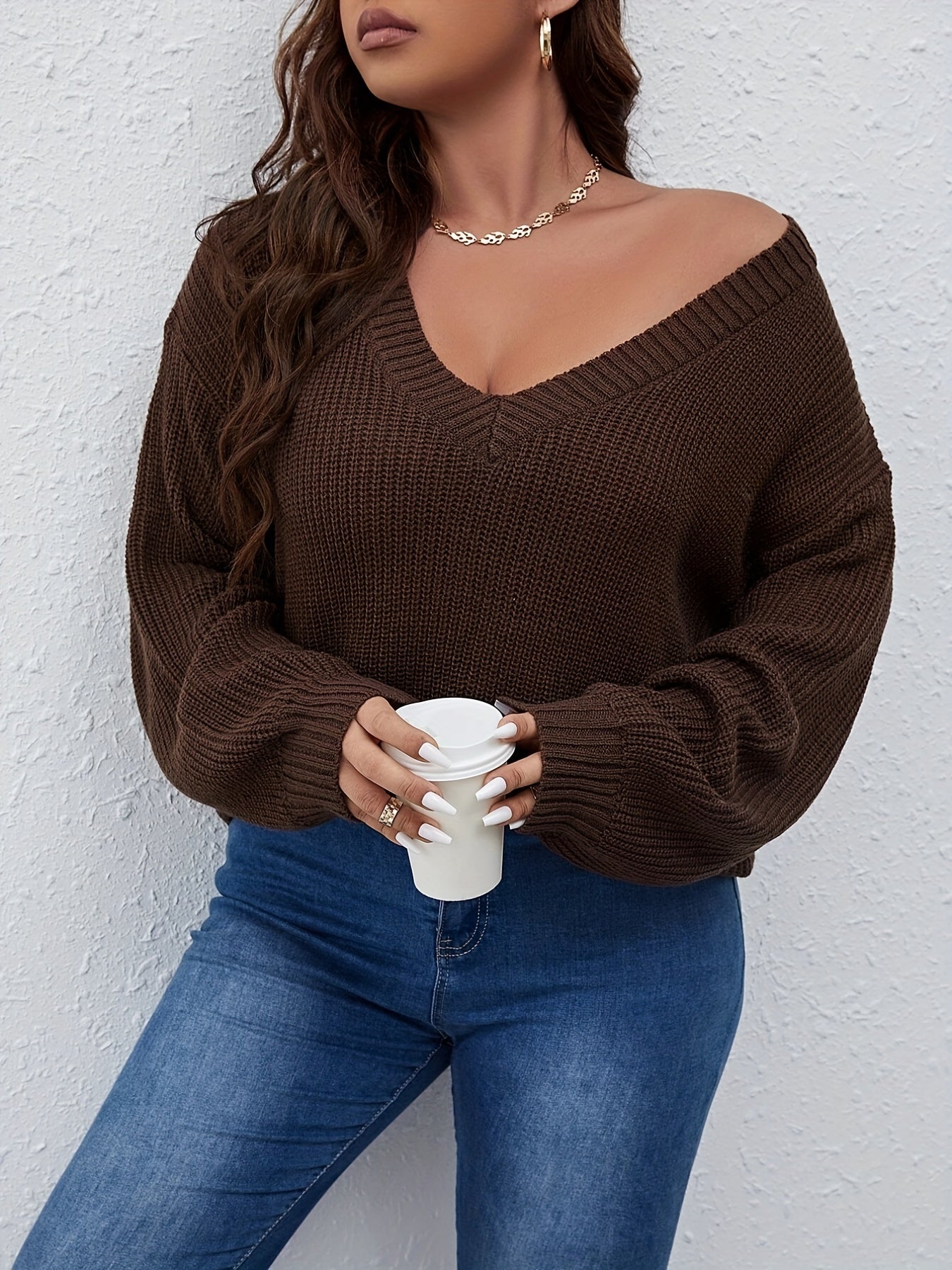 Casual Sweater Women's Plus Knitted Long Sleeve V Neck Pullover