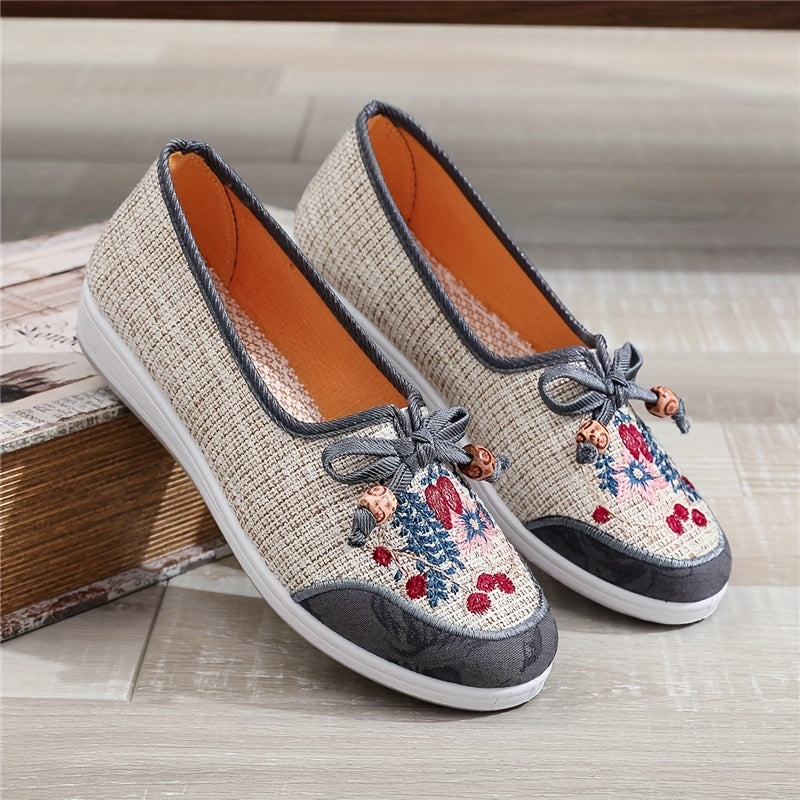 Women's Bowknot Floral Flat Shoes Slip On Low Top Tribal Style Flats