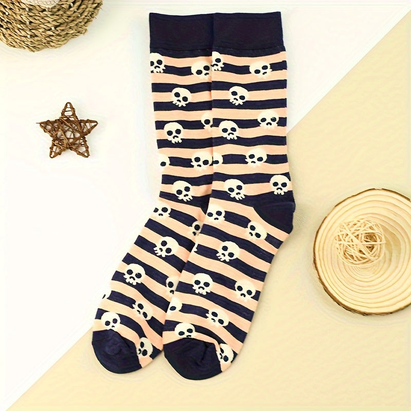 3 Pairs Skull Print Socks Halloween Mid Tube Stockings & Hosiery