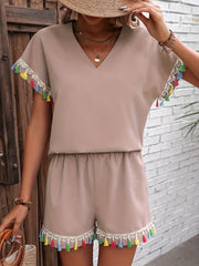 Tassel Trim Two Piece Set V Neck Blouse & Shorts Outfit