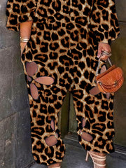 Leopard Cut Out Off Shoulder Lantern Sleeve Jumpsuit