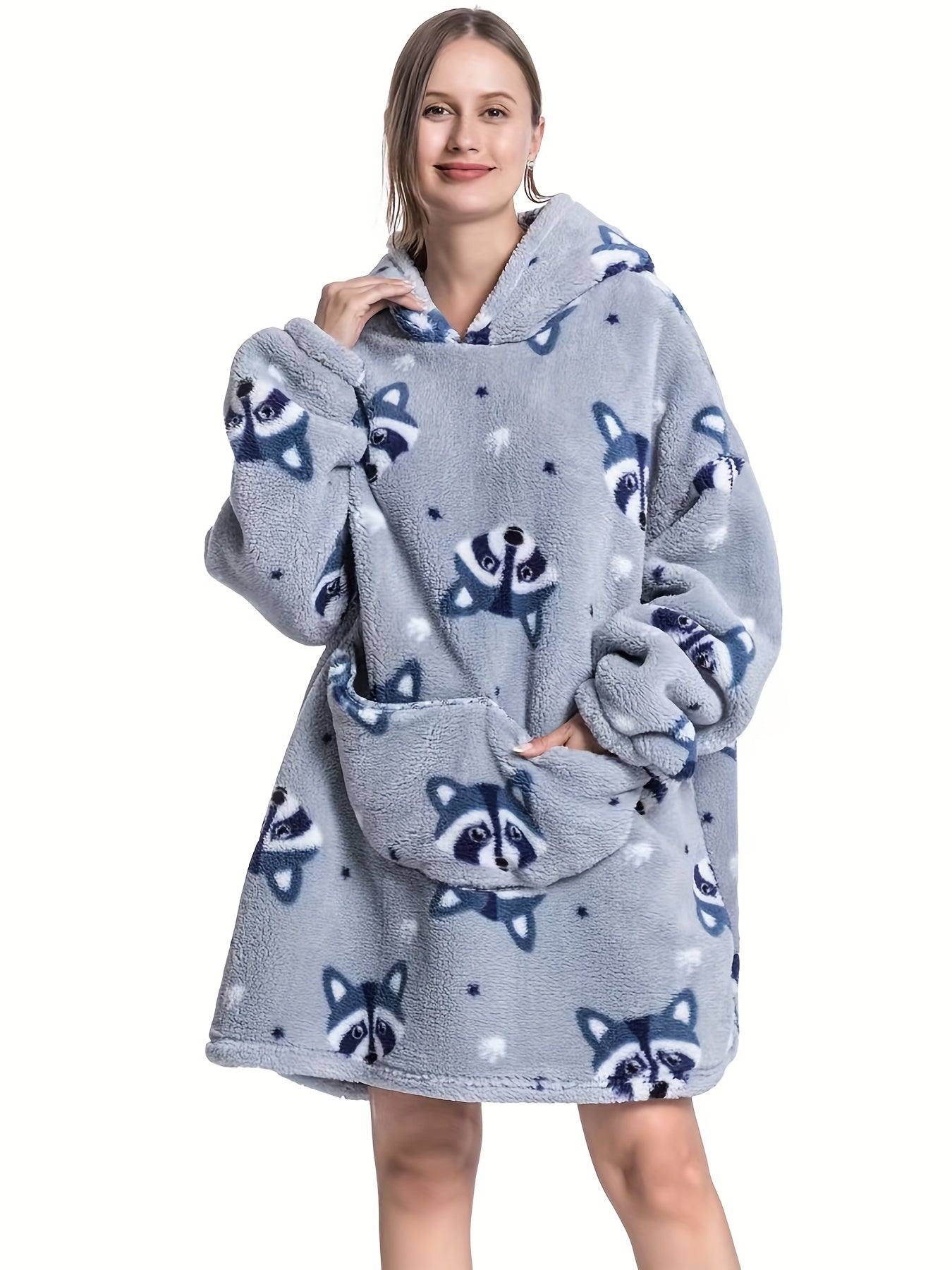 Plus Size Raccoon Print Flannel Hooded Wearable Blanket