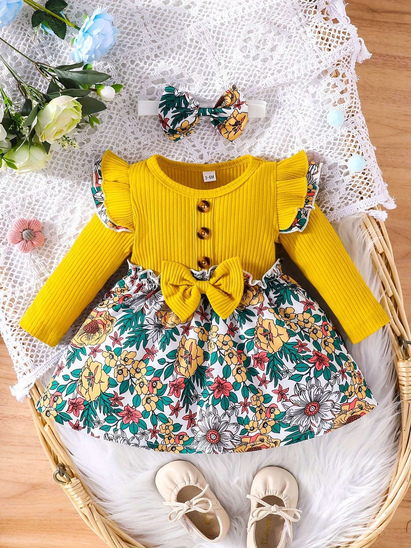 Baby Girl Floral Long Sleeved Dress Bow Puffy Dress