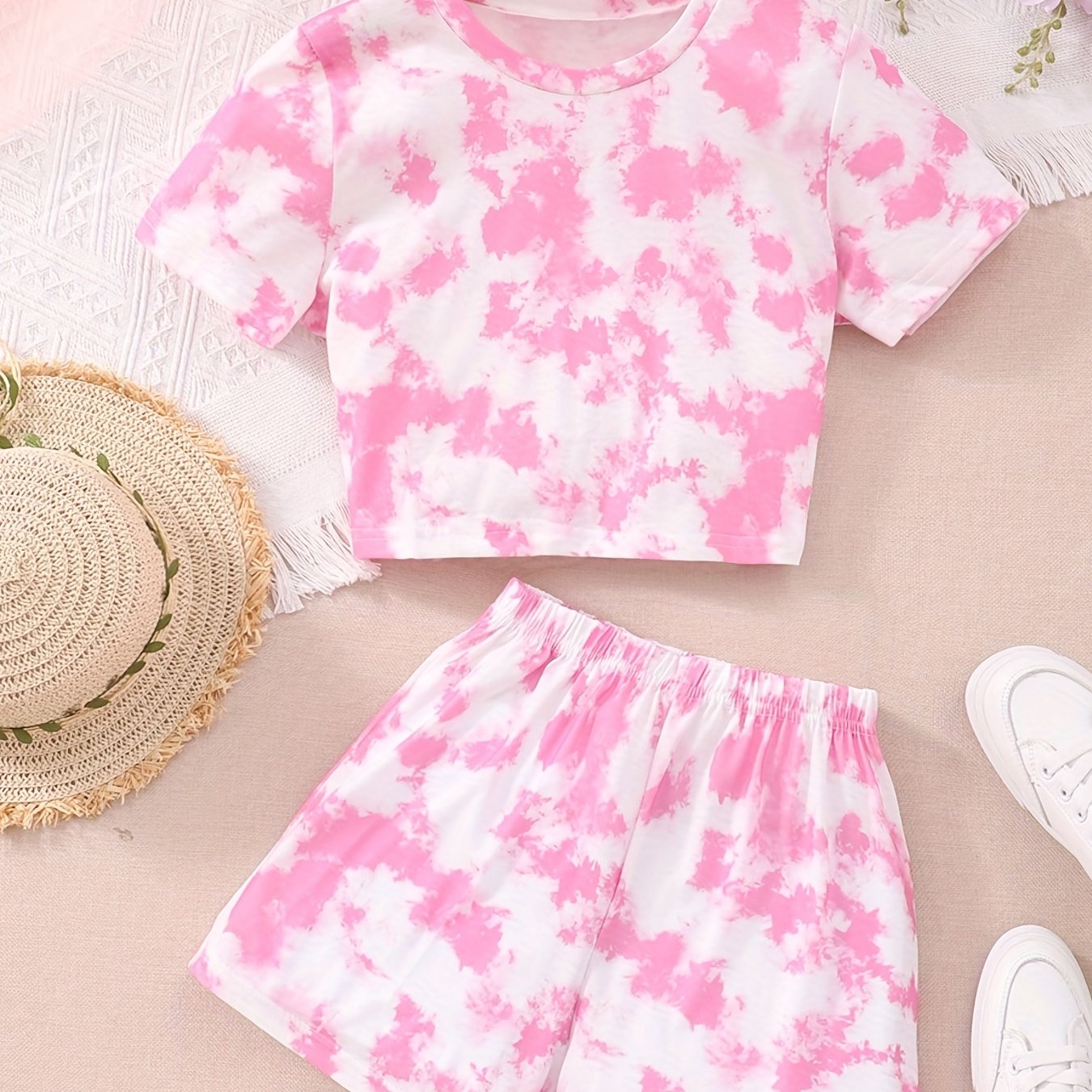 2pcs Girls Tie Dye T-Shirts & Shorts Set Summer Outfit Kids Casual Clothes
