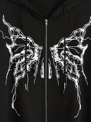 Skull Butterfly Print Zip Up Hoodie Long Sleeve Drawstring Hoodies