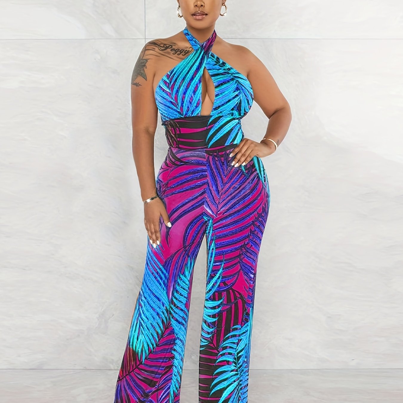 Tropical Print Halter Neck Jumpsuit Backless Wide Leg