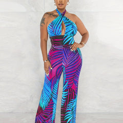 Tropical Print Halter Neck Jumpsuit Backless Wide Leg