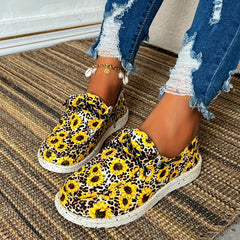 Leopard & Sunflower Print Canvas Lace-up Low Top Shoes Lightweight Outdoor