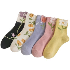 5 Pairs 3D Flower Mid-tube Crew Socks for Women