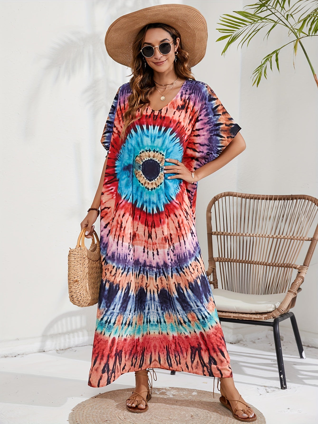 Boho Cover Up Plus Size Spiral Tie Dye Maxi Beach Dress
