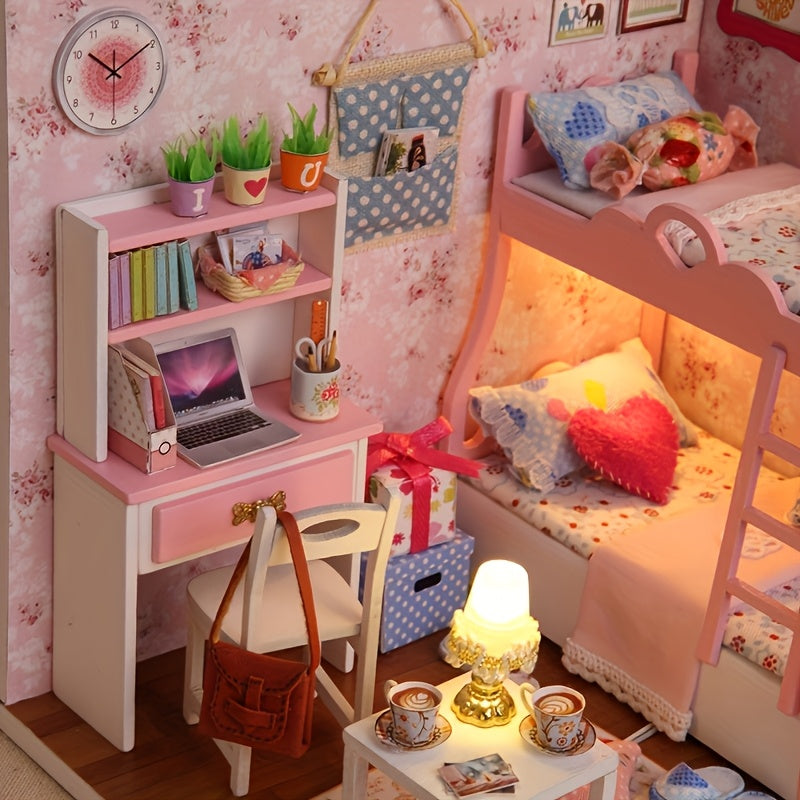DIY Pink Bedroom Model House Kit with Furniture Set - Creative Gift