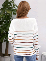 Striped V Neck Drop Shoulder Sweater Casual Long Sleeve