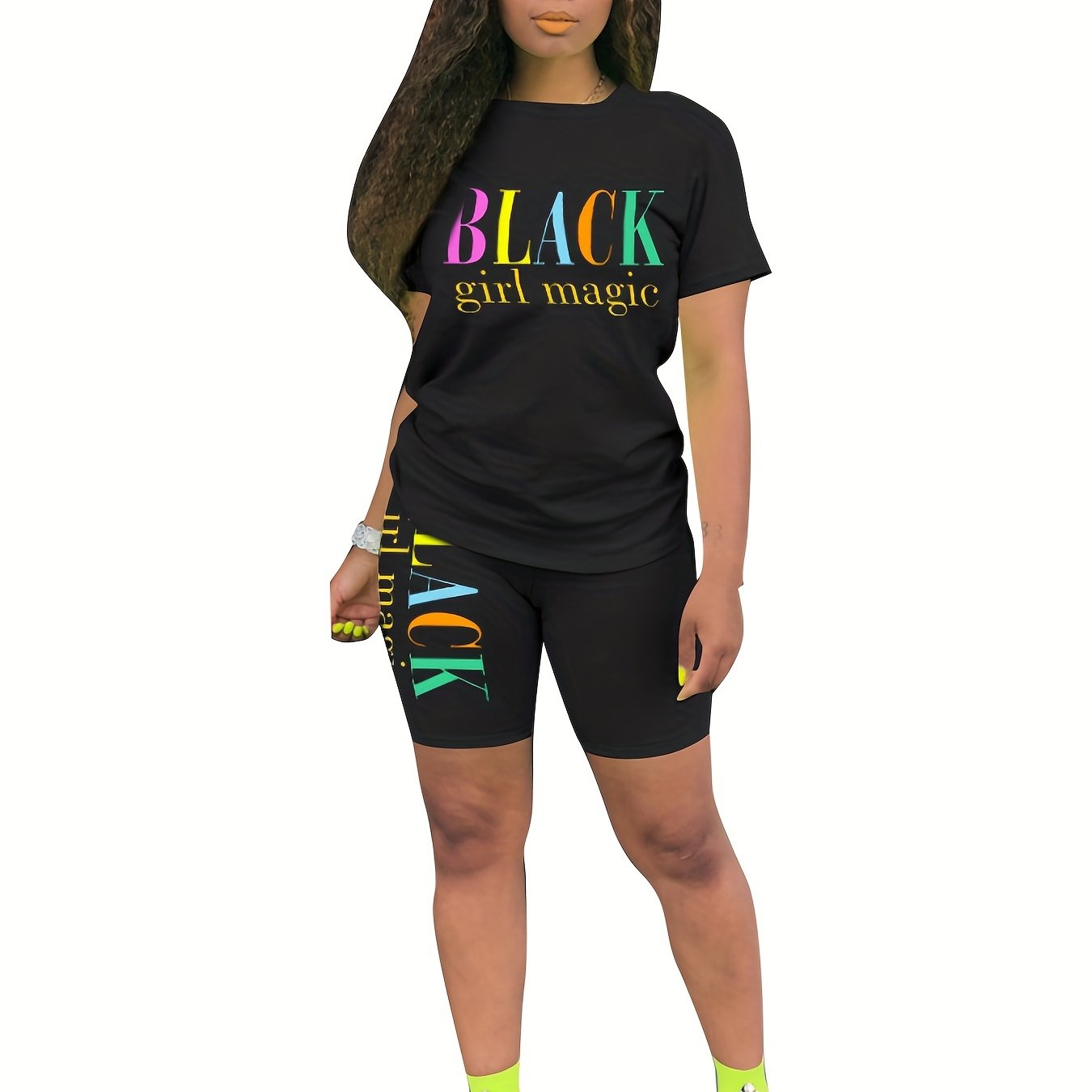 Letter Print Casual T shirt & High Waist Shorts Set