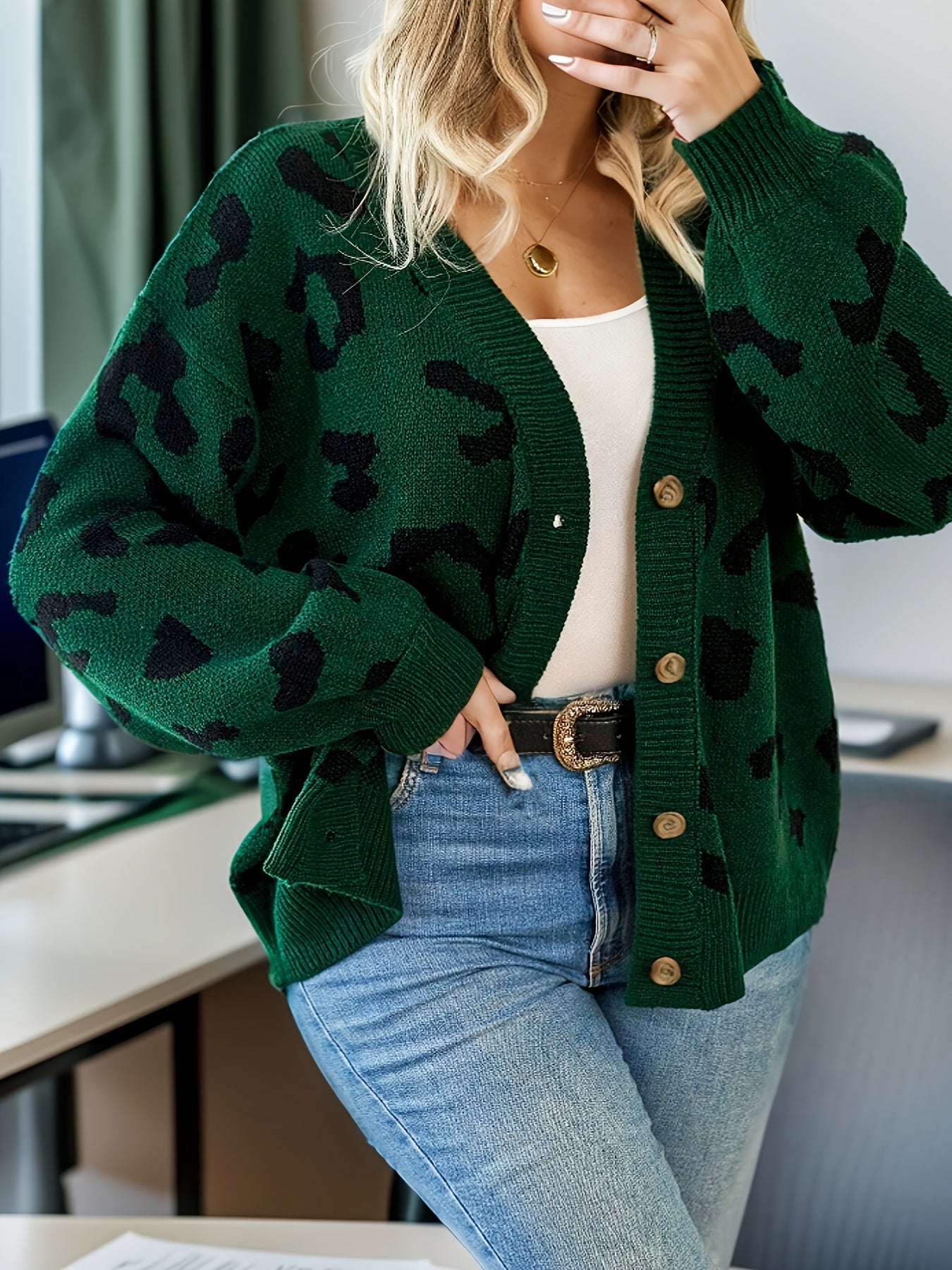 Leopard Pattern Long Sleeve Button Up Sweater Cardigan
