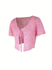 Tie Front Knit Cardigan Solid Short Sleeve Sweater